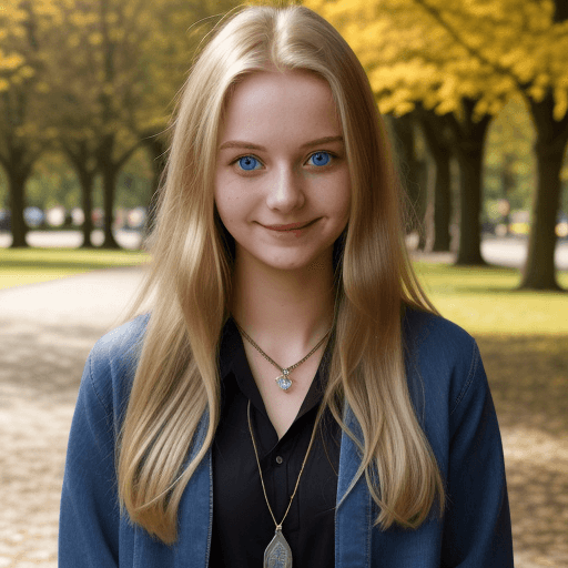AI generated: 22 year old german girl, long dark blonde hair, blue eyes, shy smile, necklace, standing in front of...