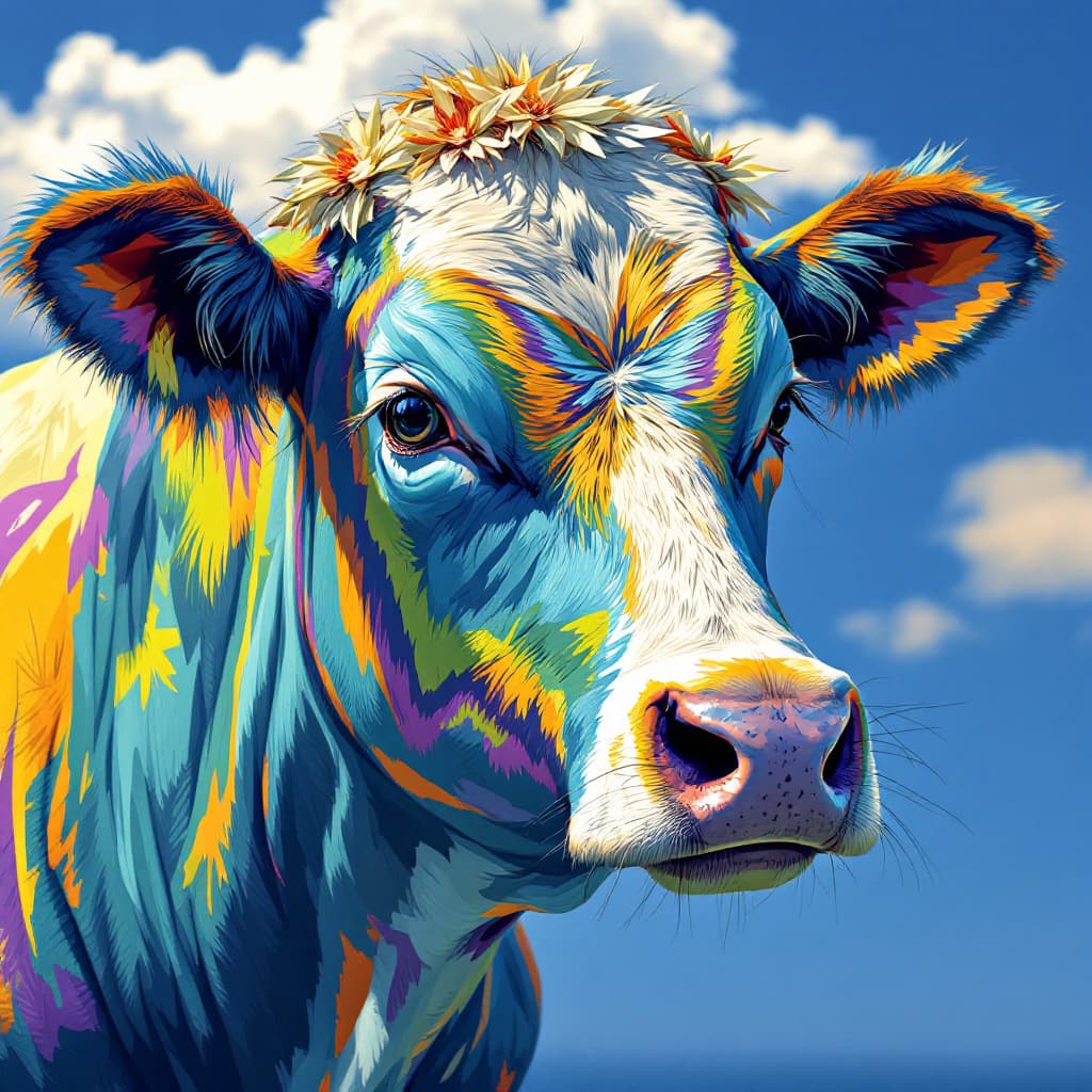 AI generated: Hawaiian artists, modern portrait series of a nelore cattle in colorful wear, in the style of aggres...