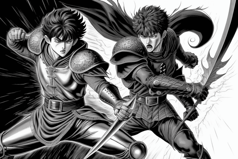 AI generated: monochrome, a man with big eyes, brown hair with tuft, in golden armor, manga, ((without helmet)), b...