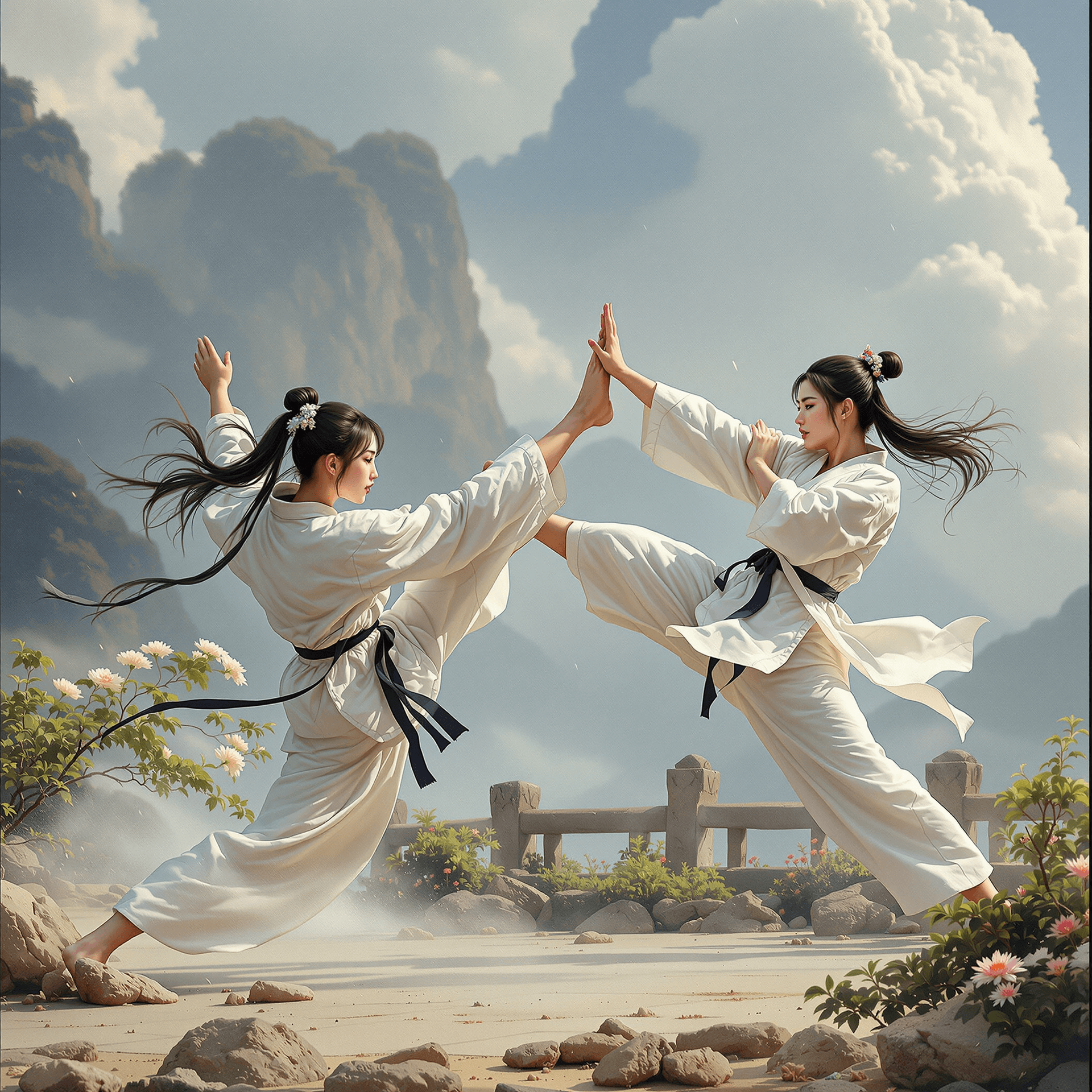 AI generated: chinese women fighting each other in a karate battle, traditional chinese scenery
