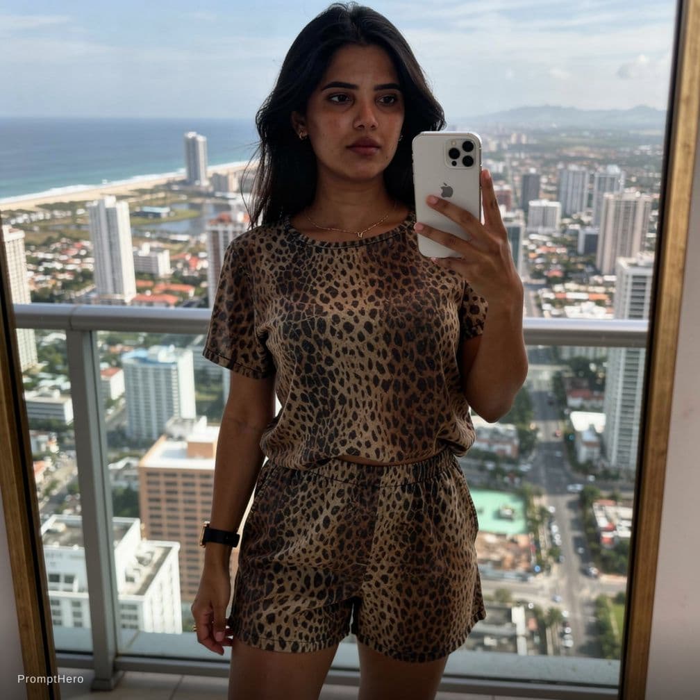 AI generated: {
  "prompt": "Hyper-realistic balcony selfie of the same female model with strict face and body con...