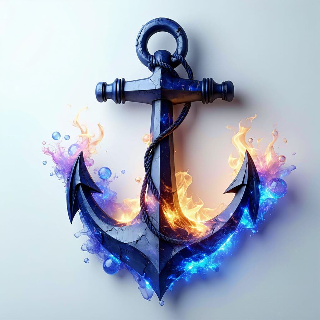 AI generated: A finely detailed, steampunk-inspired anchor vector mounted on a white wall. The anchor features glo...