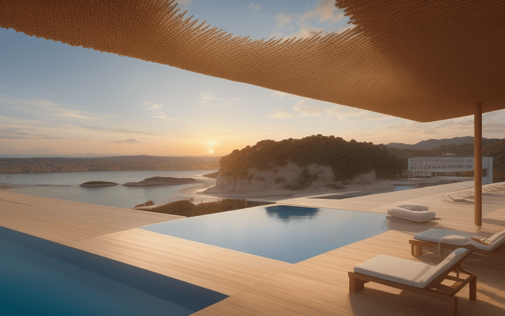 AI generated: a magnificent modern ecotourism site with a design from greece, pools and beaches::3 futuristic::2.1...