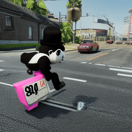 AI generated: in the style of gta v, a black and white panda wearings a black bowler hat a tartan bow tie and pink...