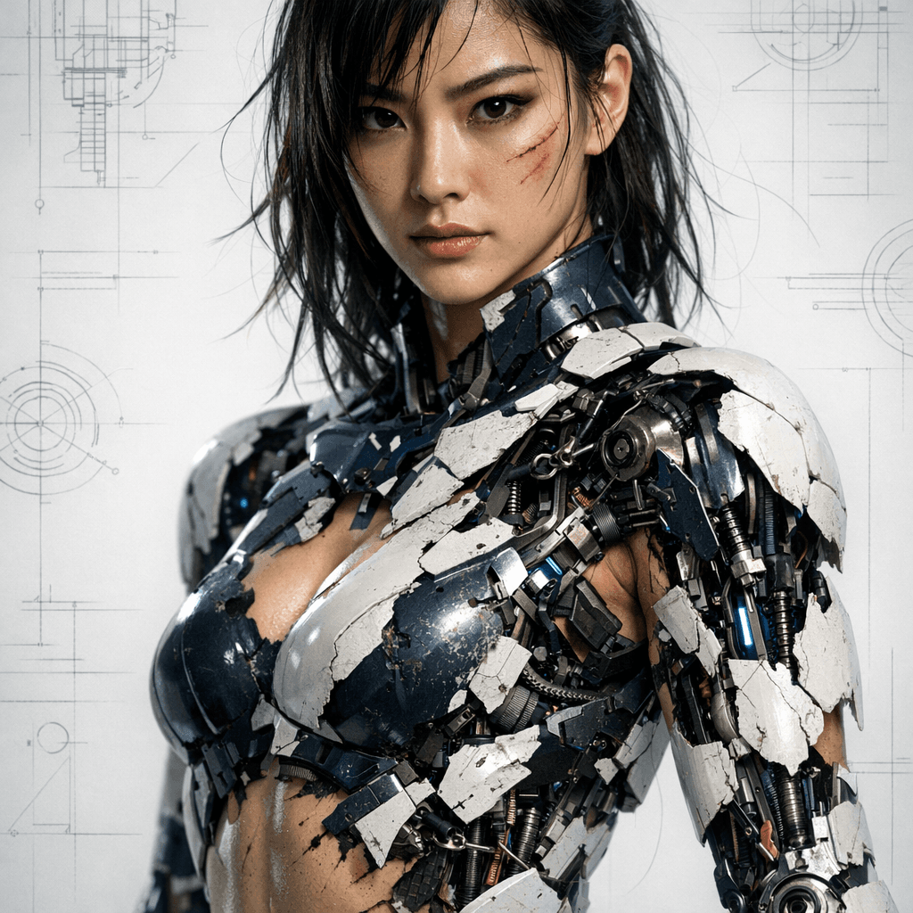 AI generated: Ultra-detailed cinematic portrait of a Hong Kong female cyborg , navy and white metallic limbs parti...