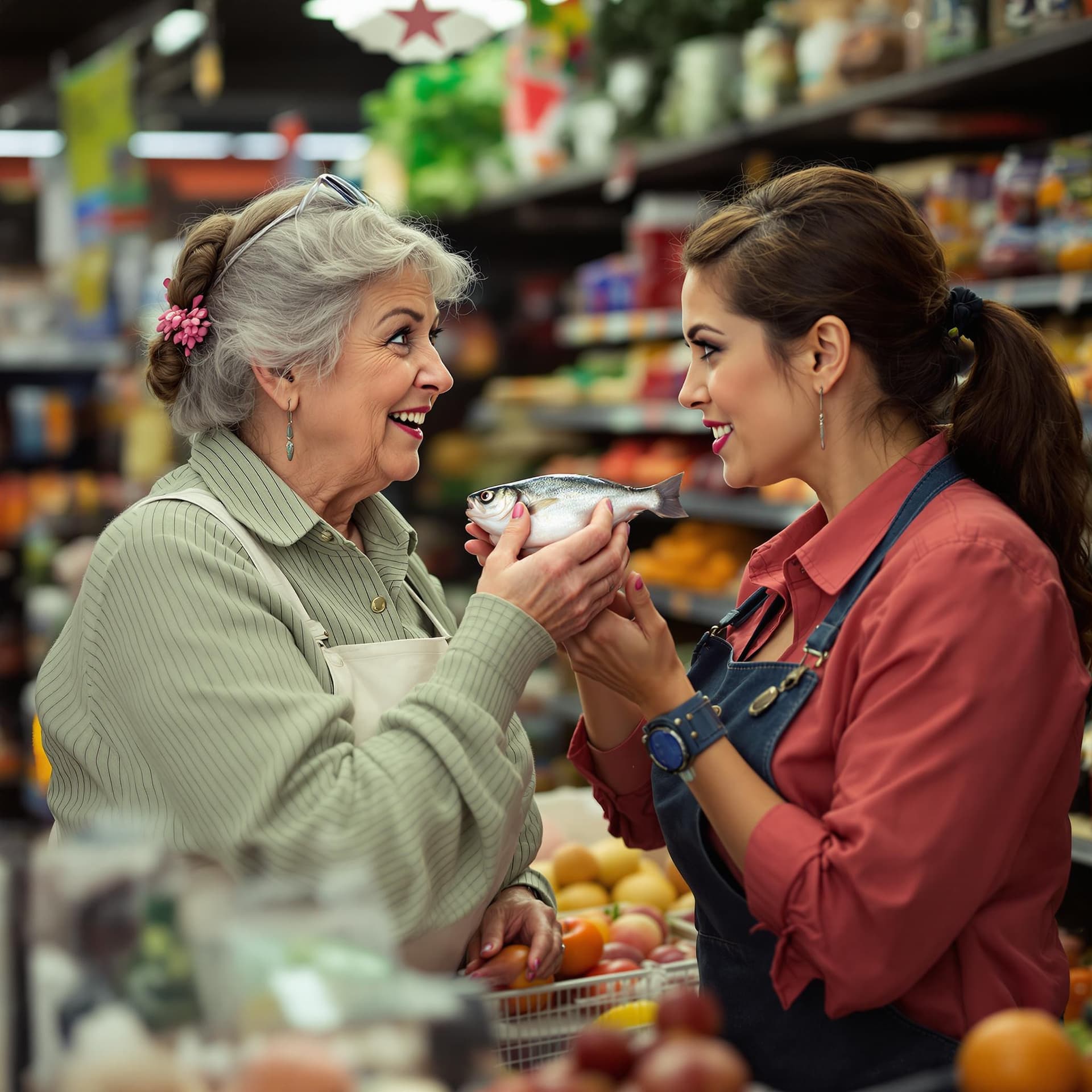 AI generated: It sounds like you’re describing a humorous or dramatic scene in a grocery store setting. The image ...