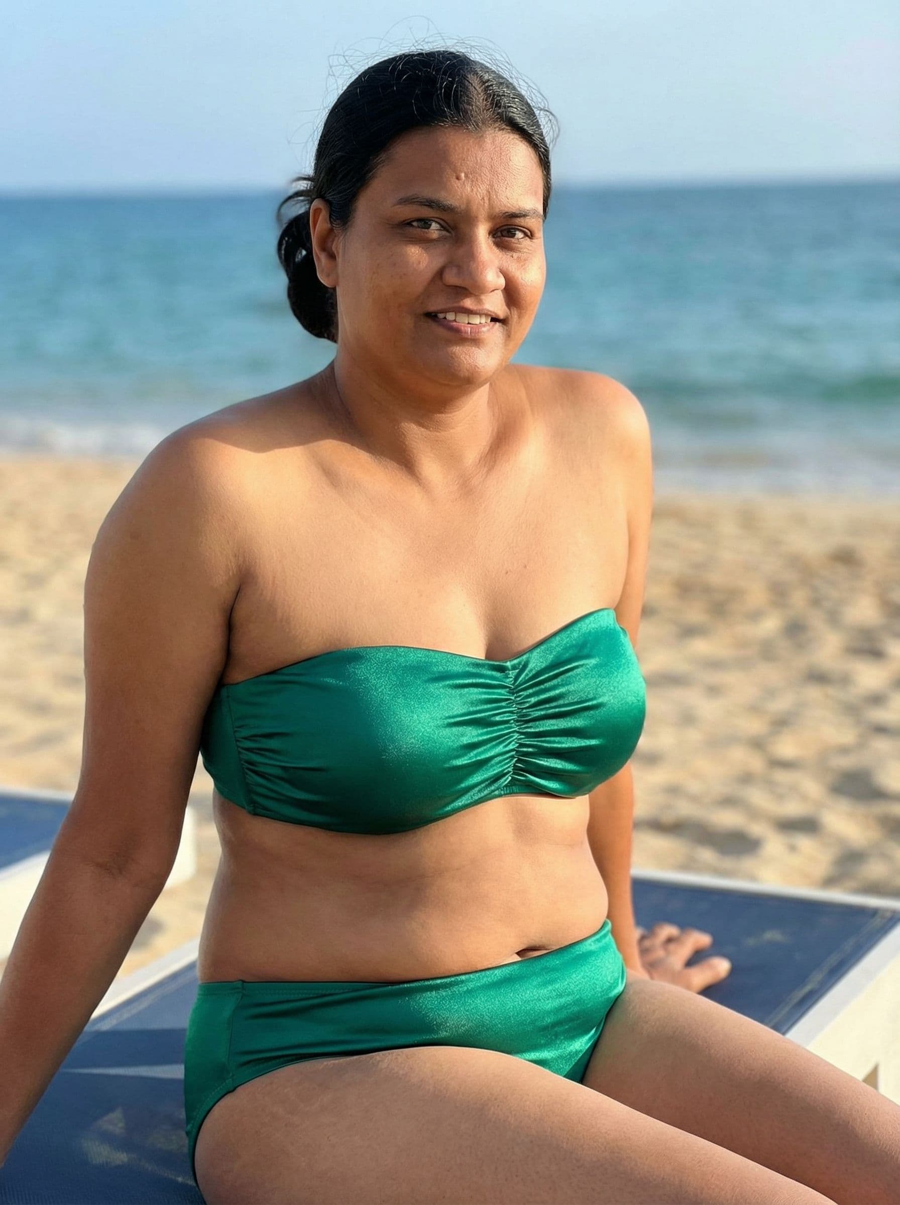 AI generated: The women wearing a strapless green satin bikini b...
