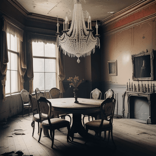 AI generated: 
In the center of the room stands a grand, weathered dining table, its once-polished surface now cov...