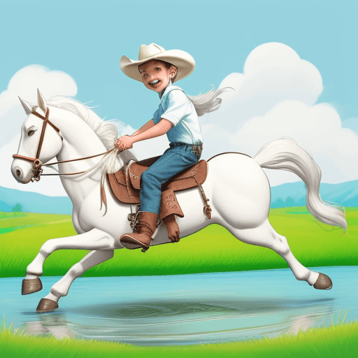 AI generated: The image is a cheerful cartoon illustration of a young boy riding a pony across a shallow stream. T...