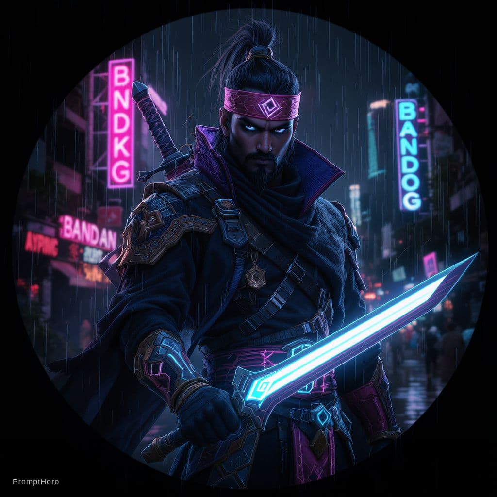 AI generated: cyberpunk Sundanese warrior (jawara), wearing traditional black pangsi outfit with modern cyberpunk ...
