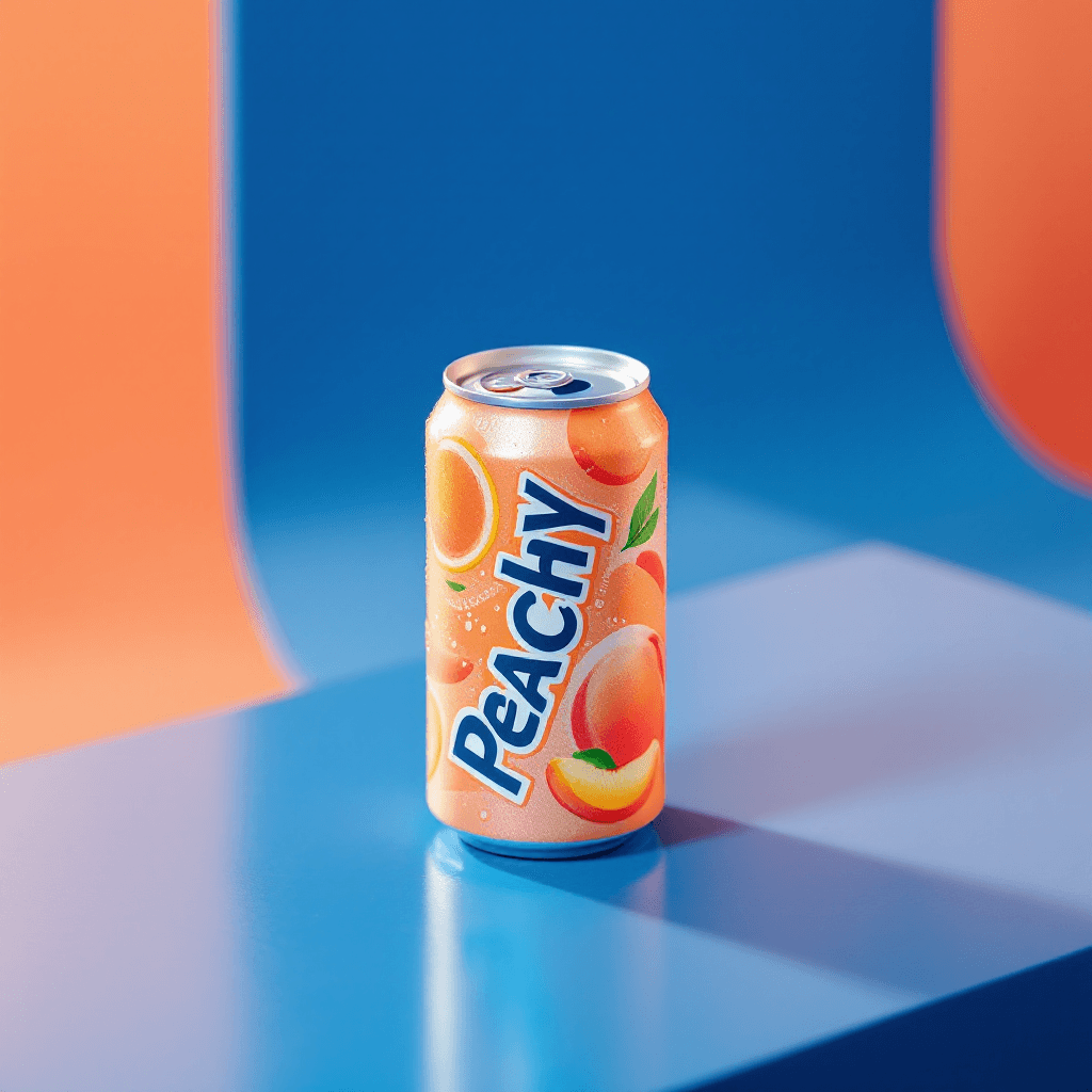 AI generated: Studio Product shot, a close up shot, A peach colour slim can of soft drink , can has PEACHY logo ve...