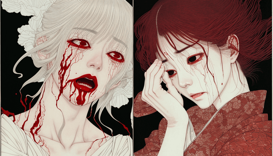 AI generated: a single Woman crying blood, artwork by Takato Yamamoto and Chika Yamada, very detailed, surrealist ...