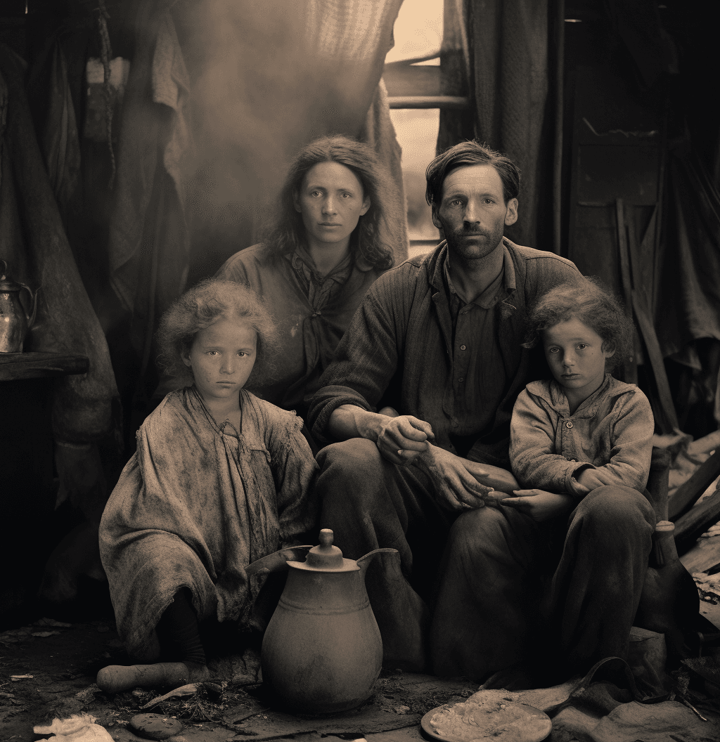 AI generated: an old black and white photo of a family in a stricken shack, in the style of industrial themes, ear...
