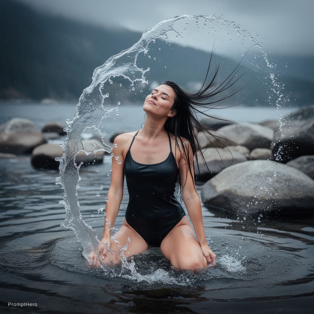 AI generated: A high-shutter-speed photorealistic action portrait of a beautiful woman with long straight dark hai...