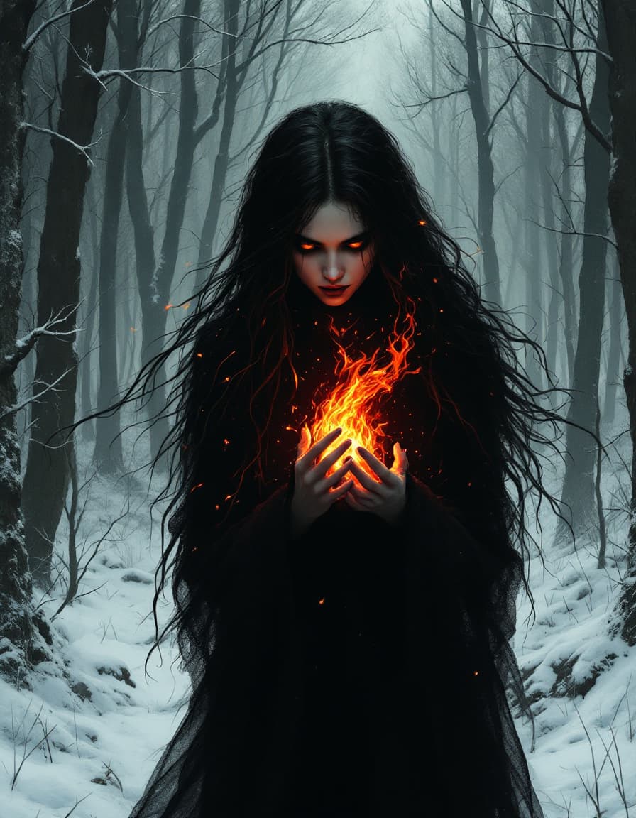 AI generated: In a dark winter forest, a fiery spirit, a girl made of fire, gloomy dark Slavic fantasy,illustratio...