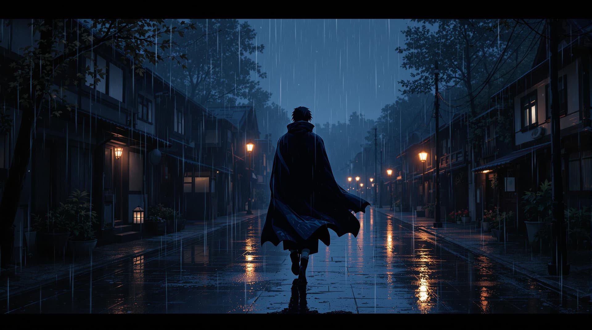 AI generated: Itachi Uchiha walking through a quiet village under heavy rain, his Akatsuki cloak wet and reflectin...