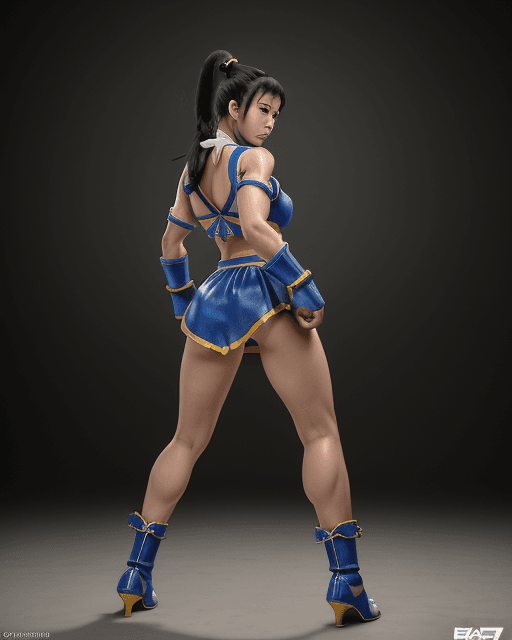 AI generated: A obra-prima de Street Fighter de Chun Li, CG, Cintura de homenzinho, long leg proportions, long eye...