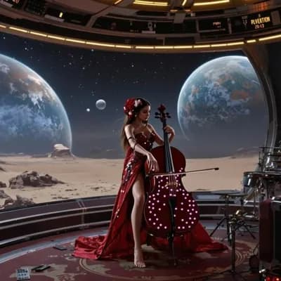 AI generated video: the woman play the cello, the planets moving in the sky very slowly