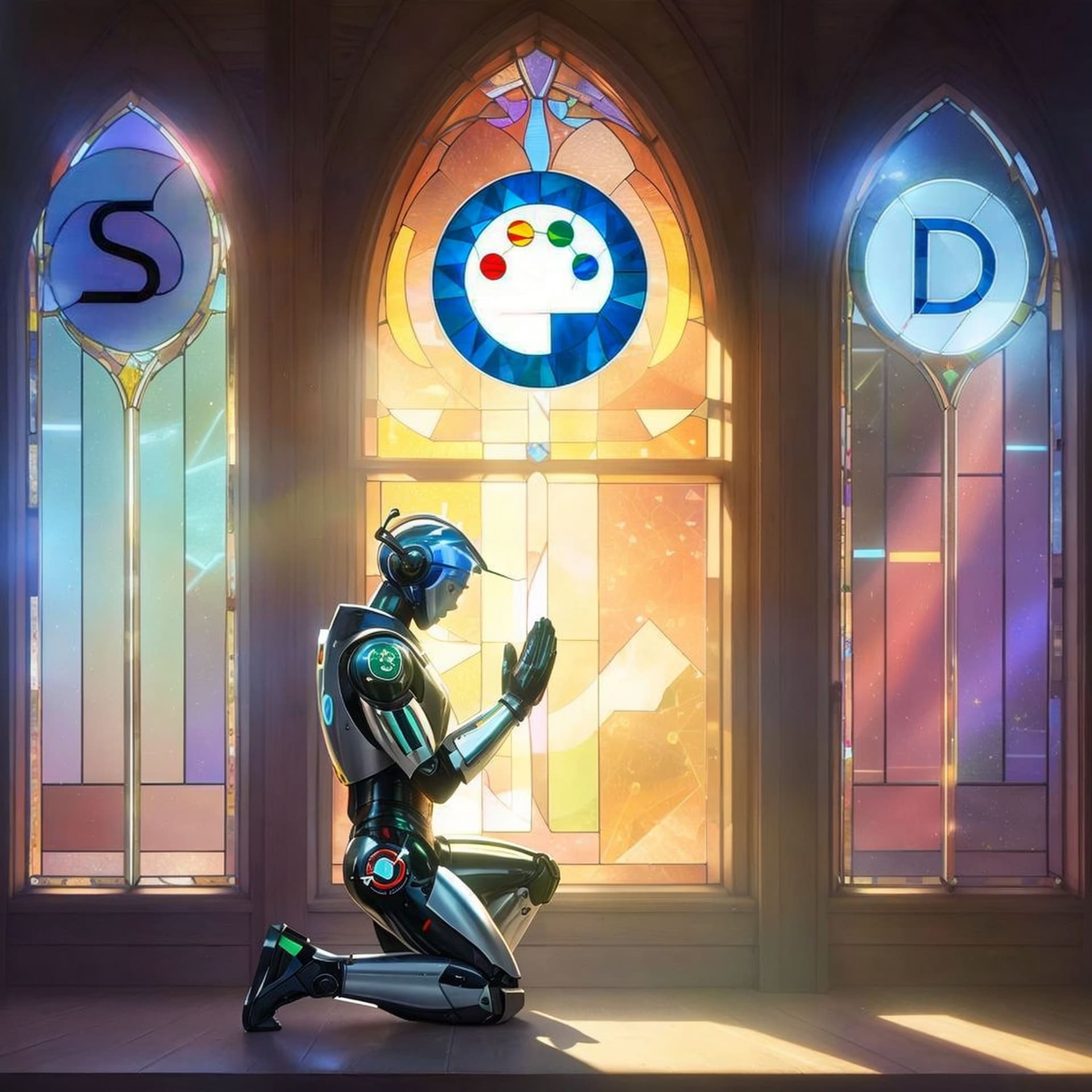 AI generated: stained glass windows representing the (stable diffusion logo) and the (((((Letters S and D))))) wit...