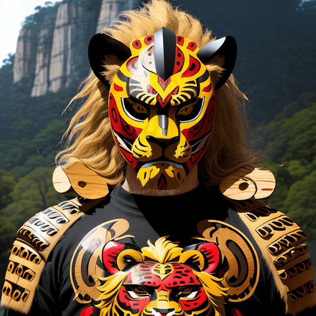 AI generated: man with jaguar warrior helmet mask with jaguar-style and abundant hair, wooden mask, fine wood deta...