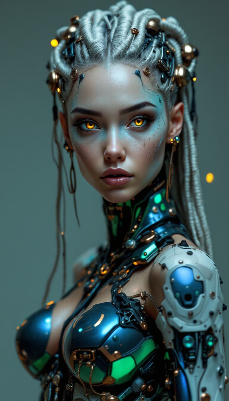 AI generated: An ultra-realistic, full-body portrait of a captivating biomechanical sculptor woman, radiating arti...