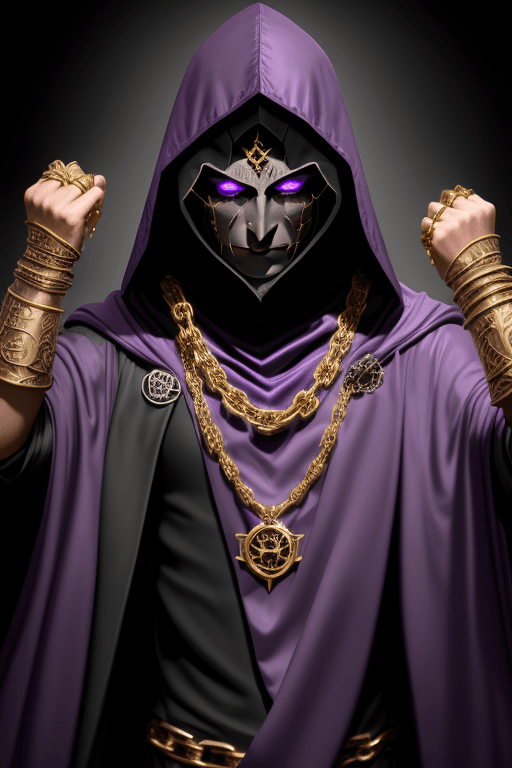 AI generated: Shadow wizard, in purple cloak hood, dark face, gold chains and jewellery
