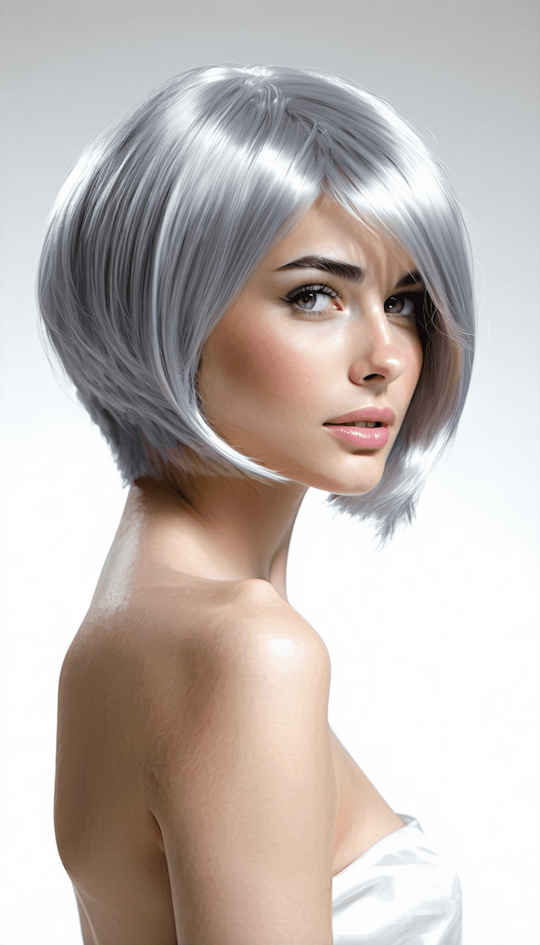 AI generated: hair photography, woman, bob cut hair, silver color, ivory hue background, studio lighting setup, re...