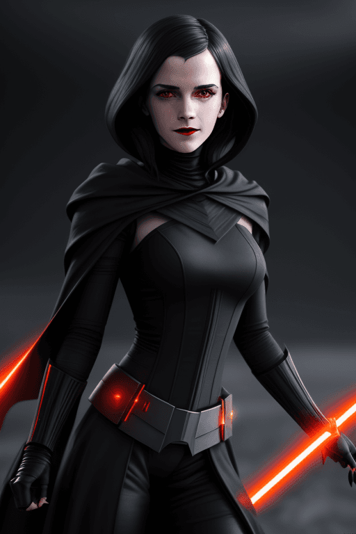 AI generated: Female sith (Emma Watson face) in Black Sith outfit, black hair, dark red lips, orange eyes from sta...