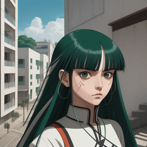 AI generated: bauhaus style clothe, big clothes, cool anime style, character, village center background, up to dow...