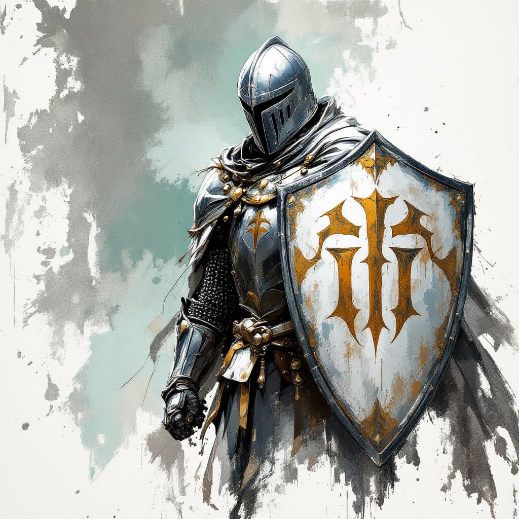 AI generated: a drawing of a knight with shield logo's JOSSKLIK and cloak, in the style of adventure pulp, dark wh...