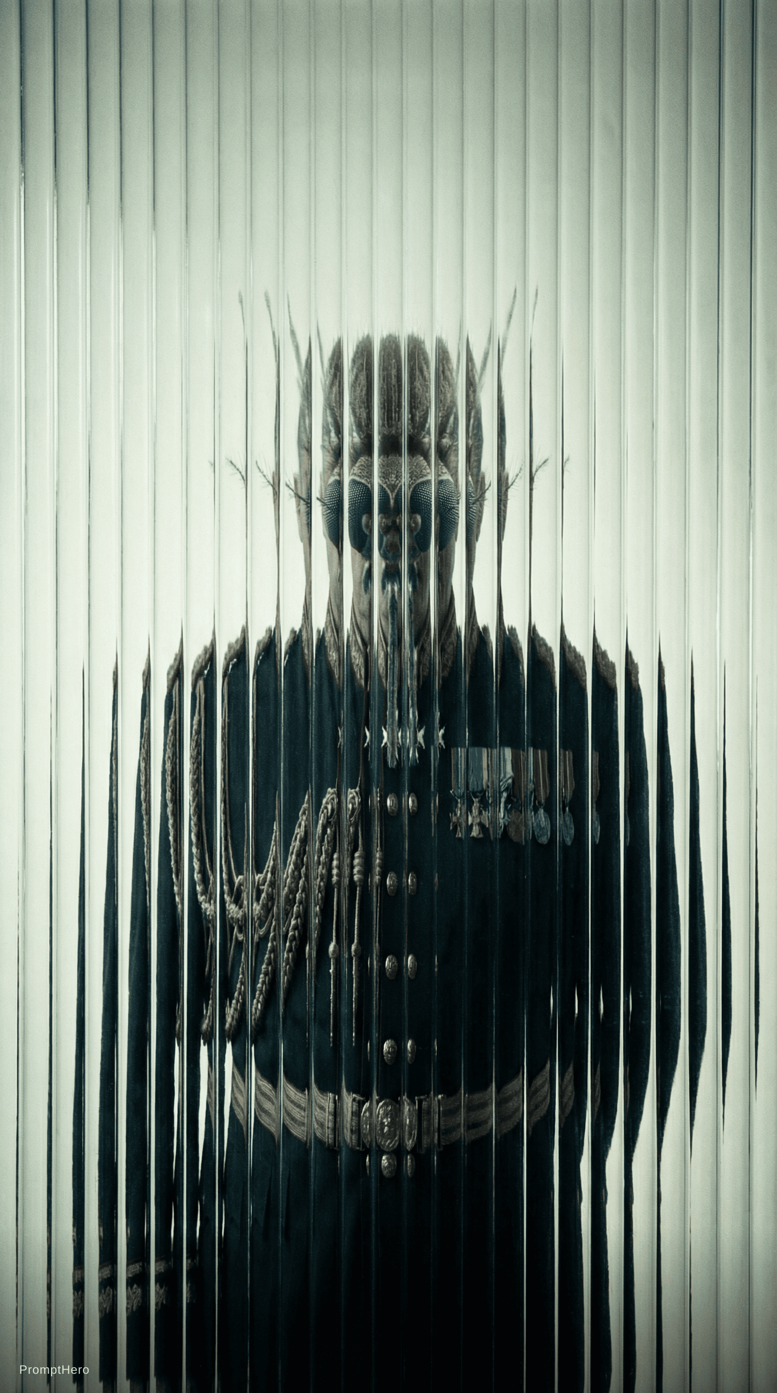 AI generated: front central profile, humanoid male figure facing front,
gaze to front,
wearing an ornate dark mili...