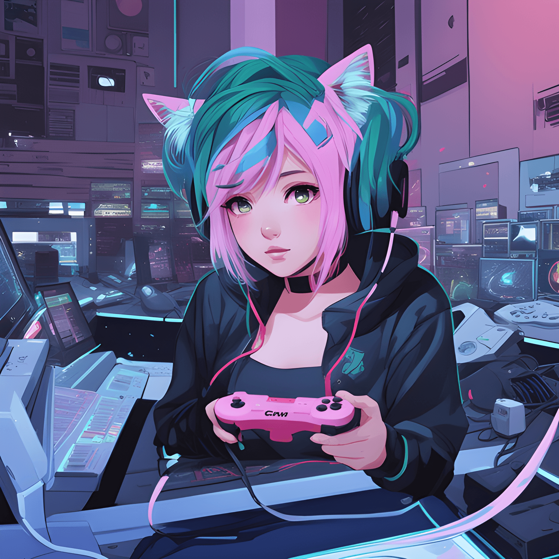 AI generated: anime girl with green hair and pink hair holding a pink game controller, anime style 4 k, anime vibe...