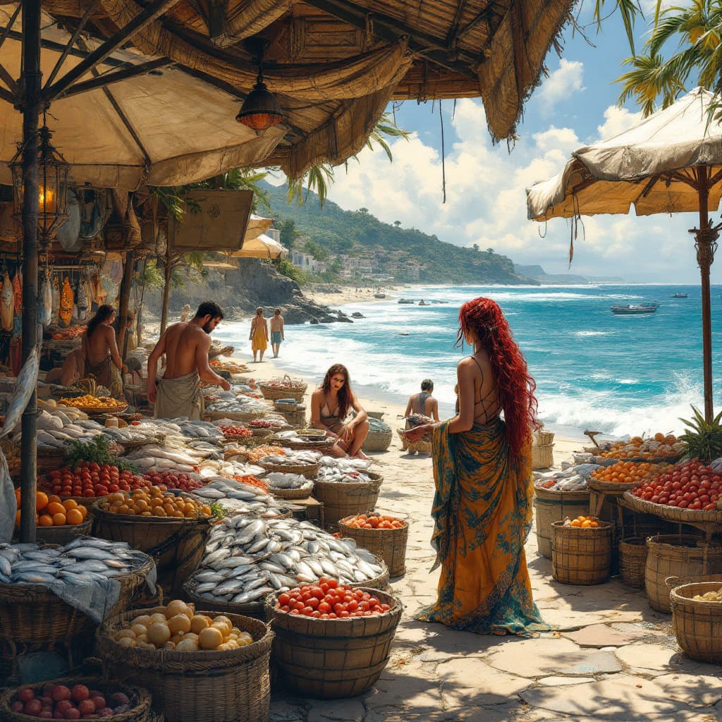 AI generated: I want a Picture of Malenia from elden ring taking a vacation going to a tropical Island, visiting t...