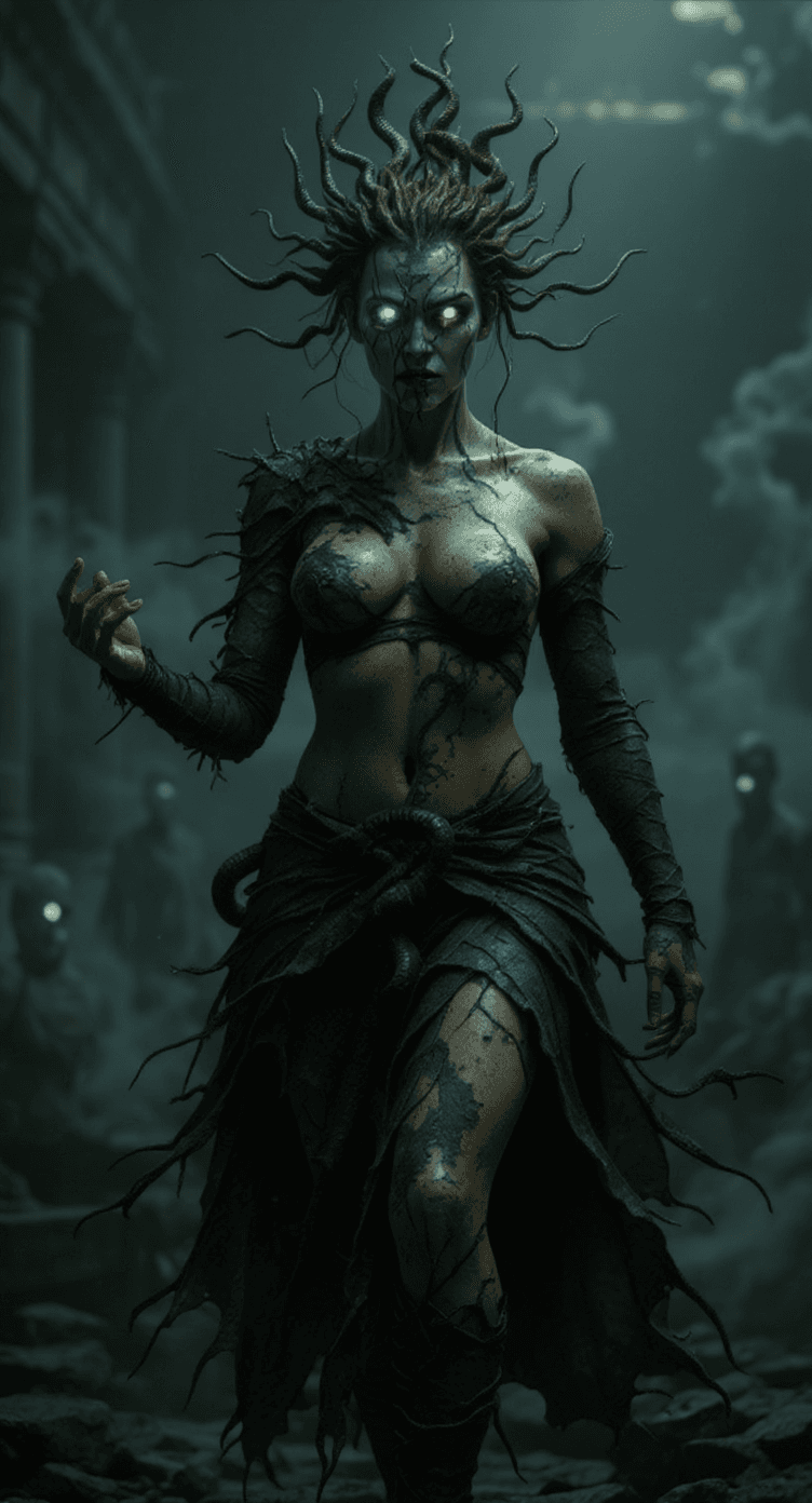 AI generated: A terrifying Gorgon queen with serpentine hair slithering around her head, her eyes glowing with a p...