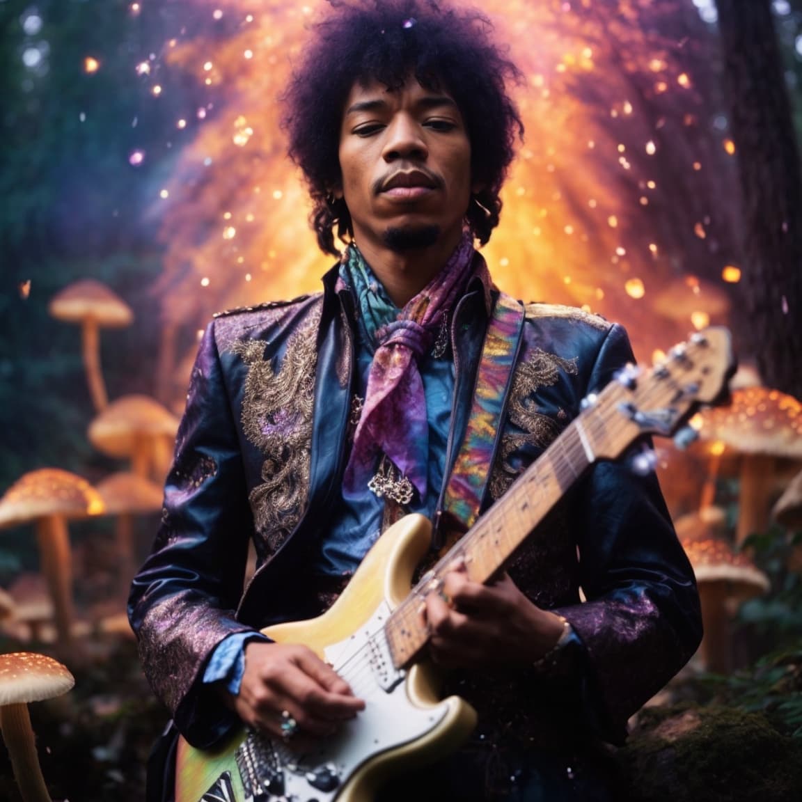 AI generated: Guardian of the Guitars ,Jimi Hendrix with iridescent tie dye patterns, holding a joint, lsd-like, s...