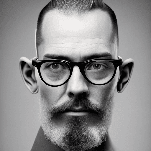 AI generated: photograph, front view, professional model, man, shaved hair and neat beard with horn-rimmed glasses...