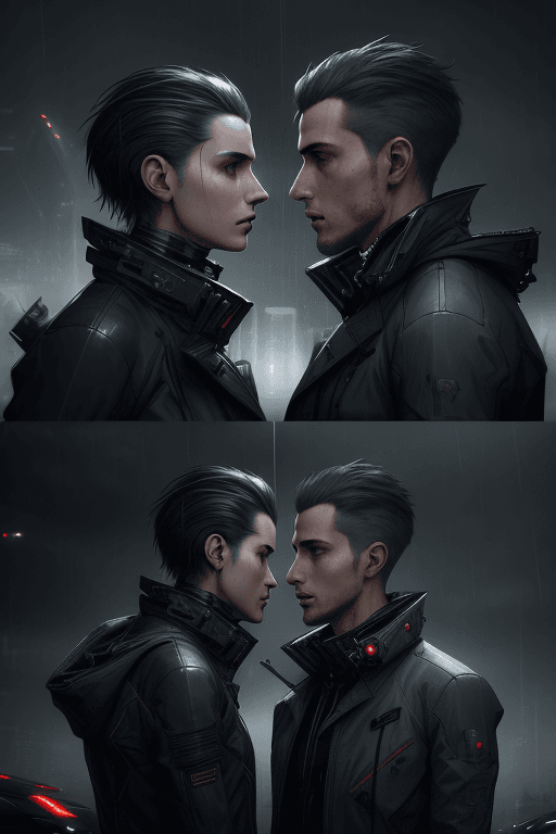AI generated: a detailed portrait of two young men looking at each other sadly, Storm Rain movie, jacket, coat, fu...