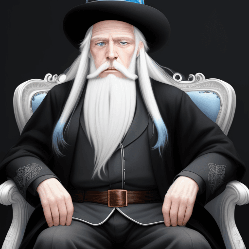 AI generated: an old white gentleman with long white hair with blue eyes, with white beard sitting on a chair with...