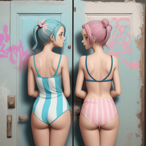 AI generated: graffiti of two girls painted from behind onto an old door that has been opened, in the style of Ban...