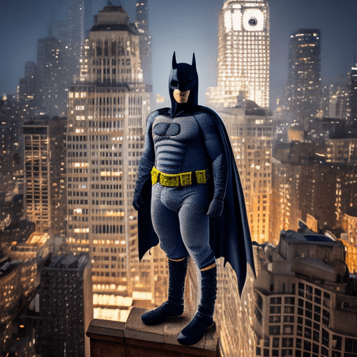 AI generated: photo of extremely detailed life-sized crochet Batman on rooftop in Gotham city at night cinematic S...