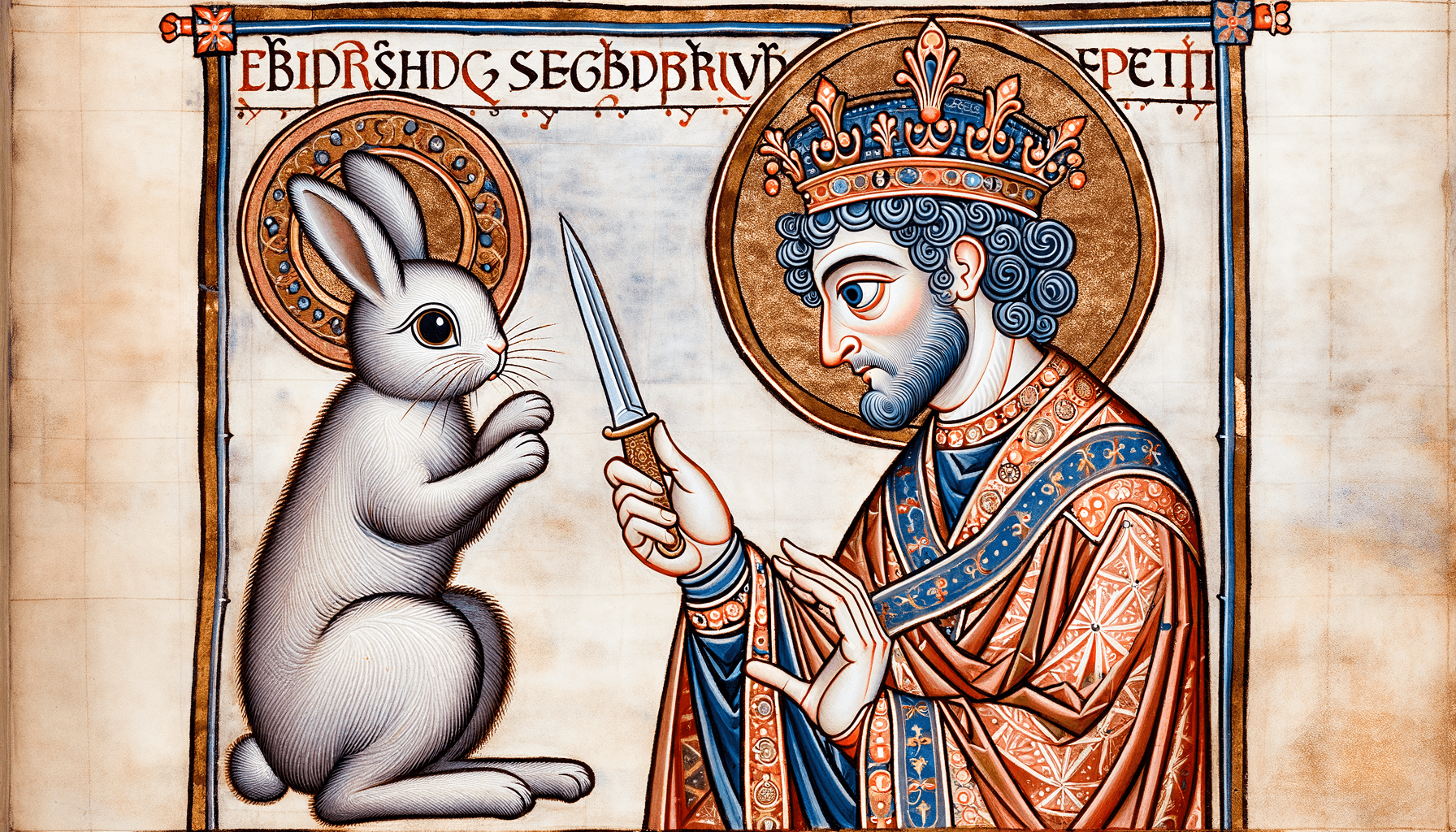 AI generated: a king admires a cute bunny holding a knife, style Lindisfarne gospels
