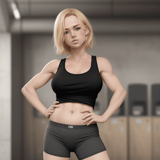 AI generated: blonde hair , black tank top, lifting shirt up,  wearing a full diaper, standing in public, (highly ...