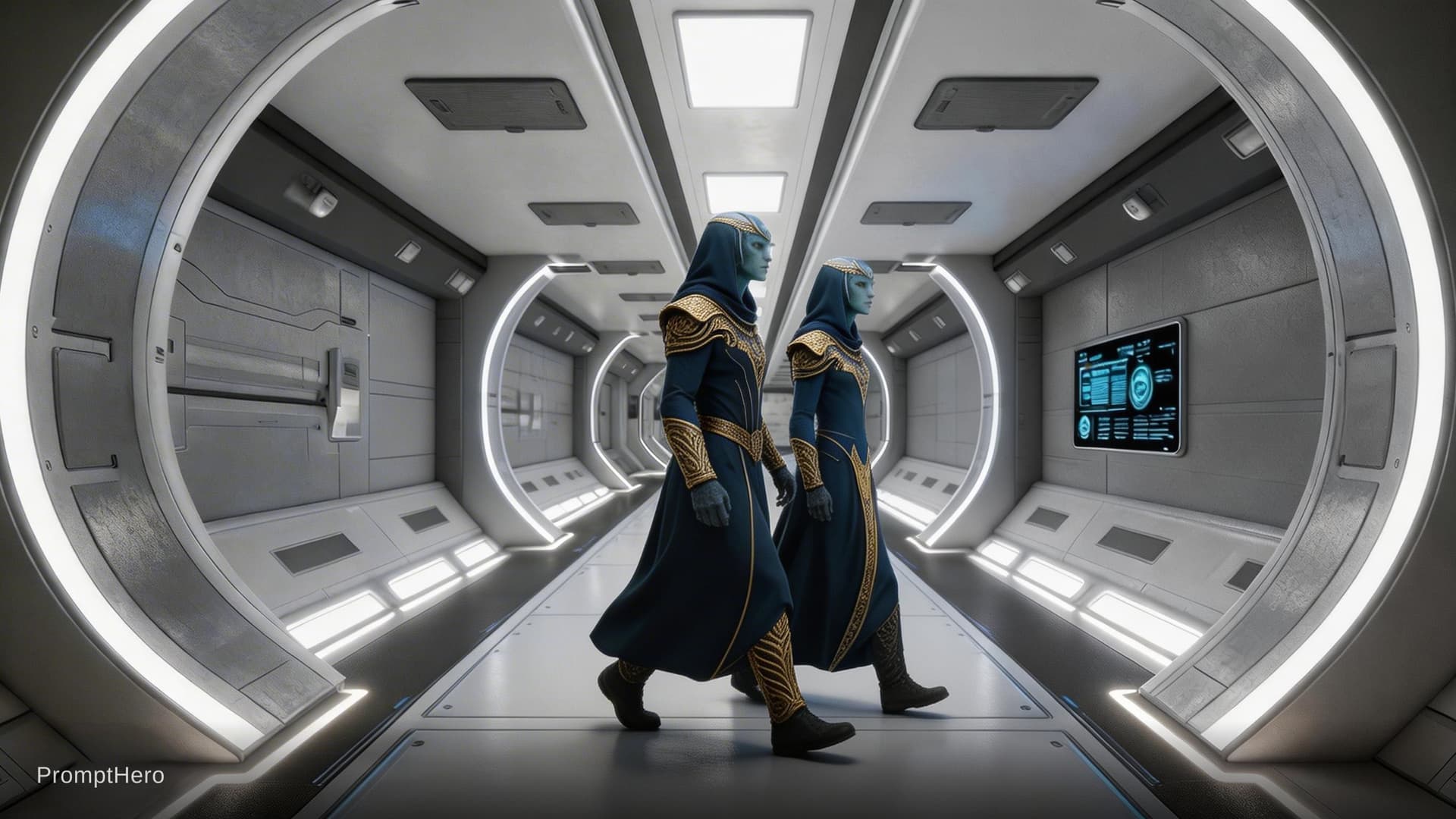 AI generated: Sci-Fi scene. Create a scene where the two characters are turnd to leave the the corridor by walking...