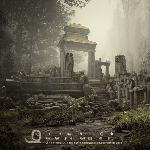 AI generated: temple in ruines, forest, stairs, columns, cinematic, detailed, atmospheric, epic, concept art, Matt...