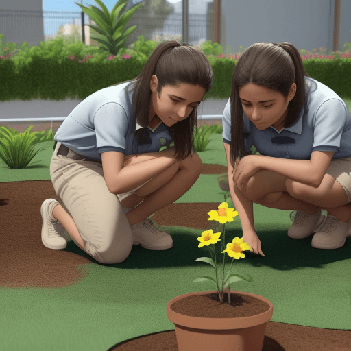 AI generated: padres de familia están plantando plantas en el jardín del colegio, imagen en 3D

