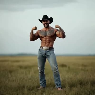 AI generated video: Flexing both biceps and acting cocky