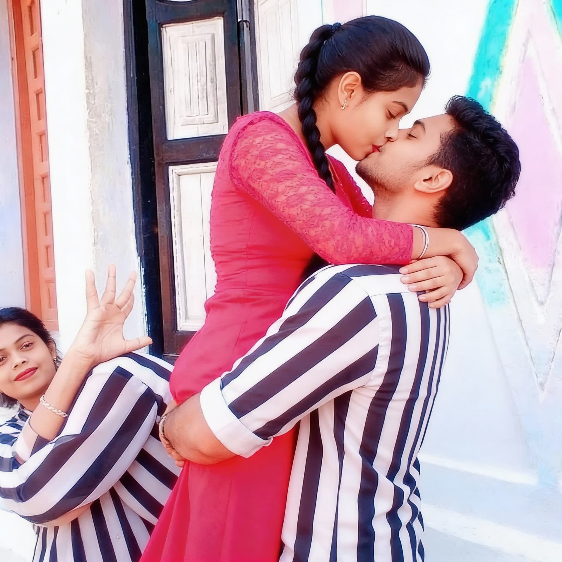 AI generated: The lifting the women on his arms and kissing the women lips 