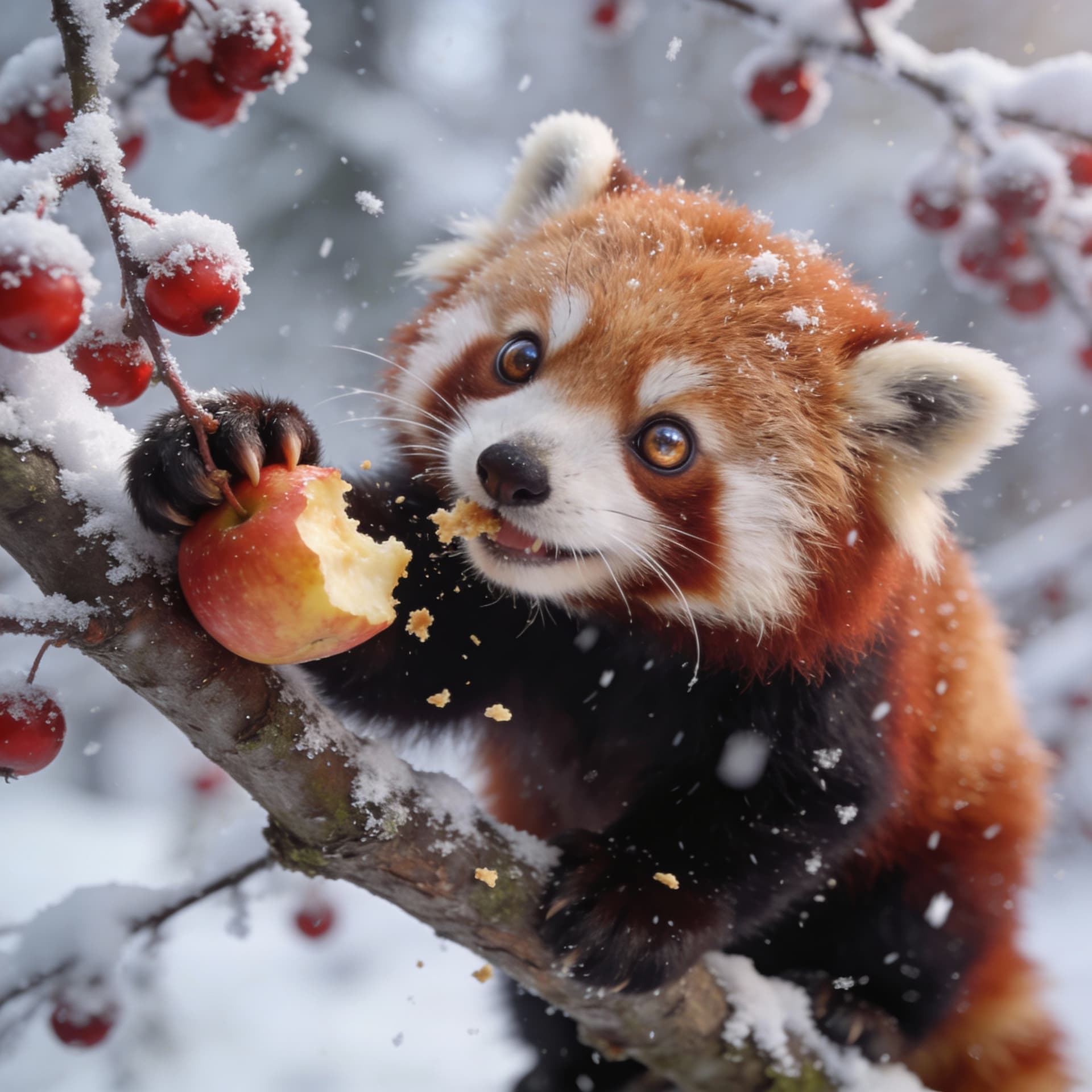 AI generated: Ultra-cute fluffy red urso perched on a snow-dusted tree branch surrounded by frosted red berries, t...