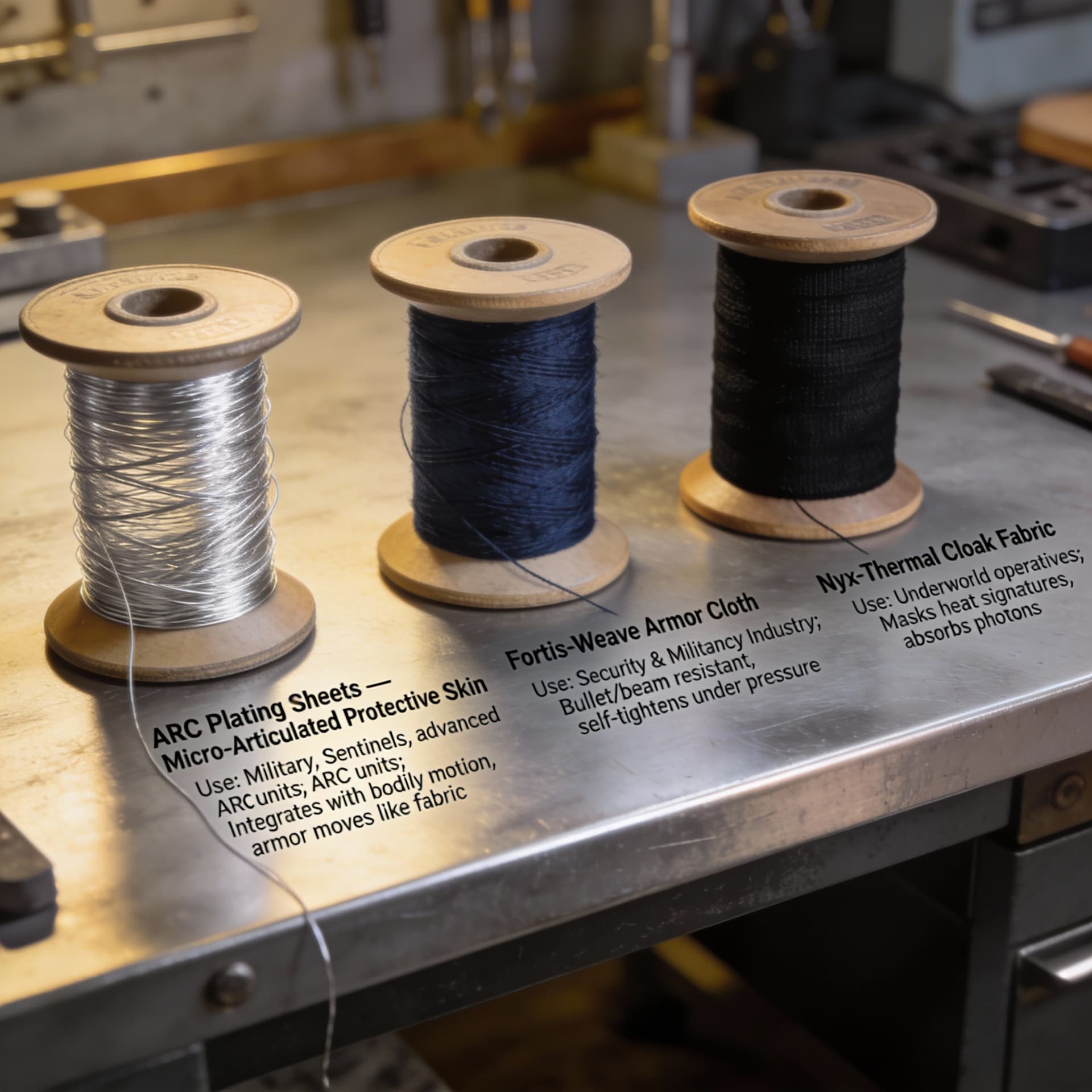 AI generated: Create spools of wire, thread, and linens for the creation of garments for futuristic clothing to a ...