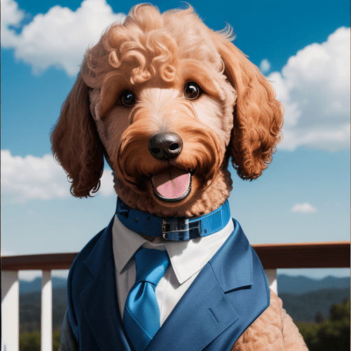 AI generated: photo of a cute goldendoodle wearing a suit, smiling, natural light, in the sky, with bright colors,...